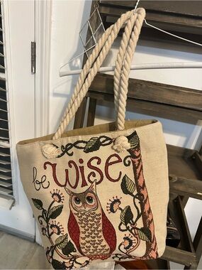 Canvas Tote Bag with Embroidered "Wise"  Owl Beige Cream Red Green